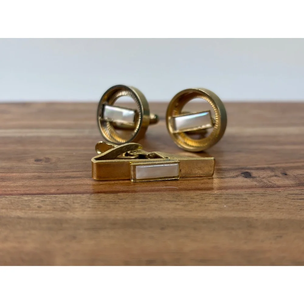 Vintage Cufflinks Tie Clip Set Gold Tone Mother of Pearl MCM Formal Ribbed Round